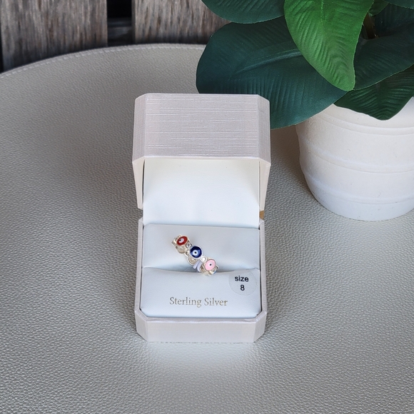 Cynthia Rowley Evil Eye Multi Colored Enamel Sterling Silver Ring Size 8 - Picture 8 of 10